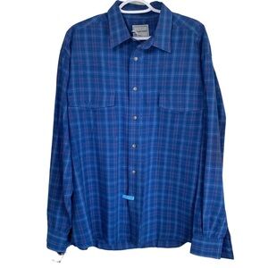 Frontier men's long sleeve collared button down shirt XL blue red white stripes